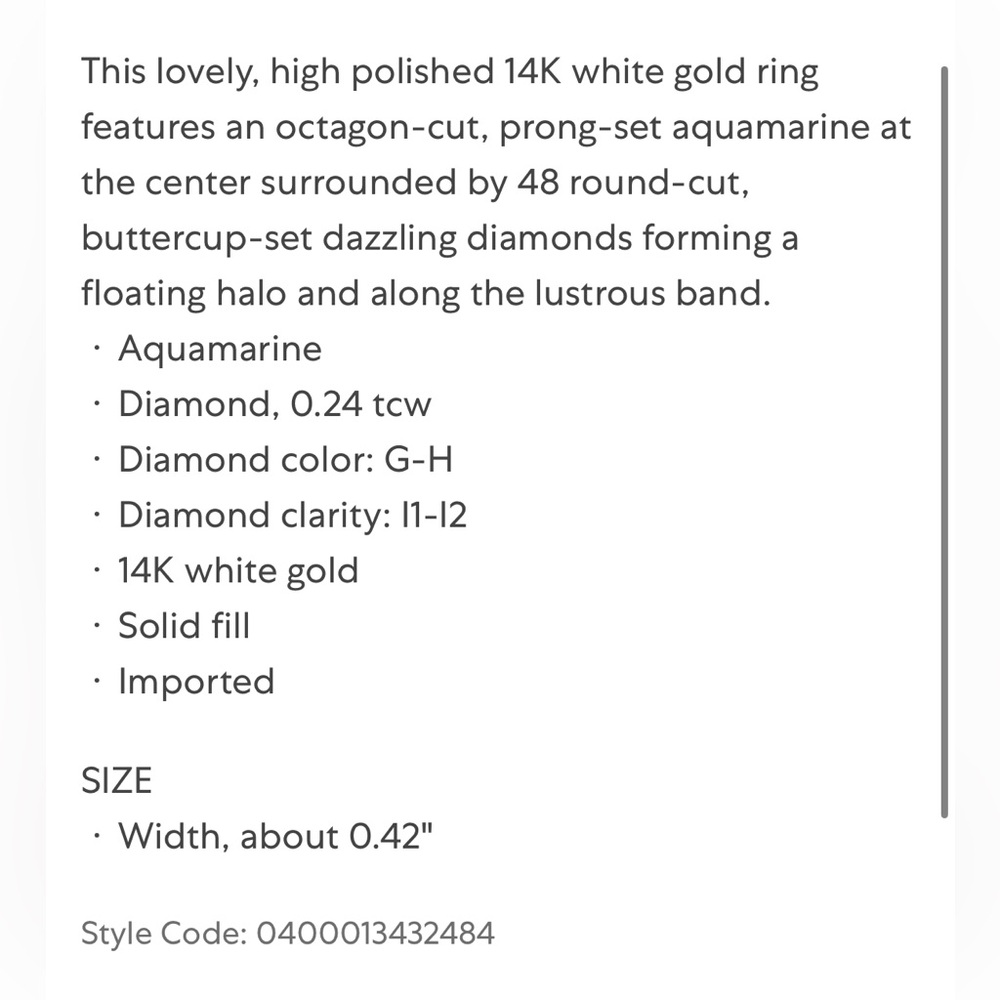 White Gold Aquamarine Ring w/ Diamond Halo and band - Picture 10 of 10